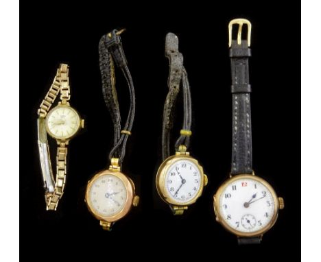 Tudor Royal gold ladies manual wind wristwatch, on gilt strap and three other early 20th century gold manual wind wristwatche