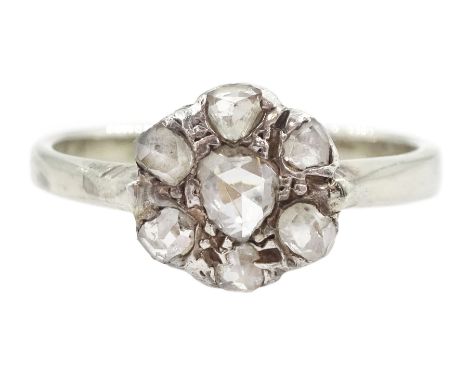Early 20th century 18ct white gold rose cut diamond flower head cluster ringCondition Report:Approx 2gm, size I-J, one diamon