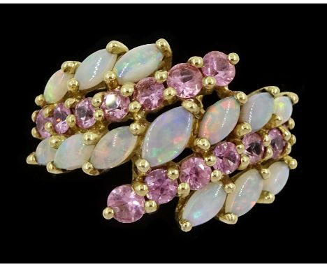 9ct gold five row marquise cut opal and pink sapphire ring, hallmarkedCondition Report:Approx 4.45gm, size M-N, max depth = 1