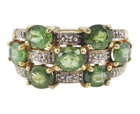 9ct gold three row oval cut green sapphire and diamond ring, hallmarkedCondition Report:Approx 5.3gm, size N, max depth = 11m