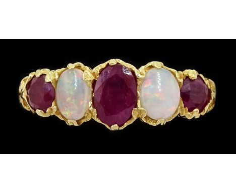 14ct gold five stone oval cut ruby and opal ring, London 2006Condition Report:Approx 3.45gm, size P-Q, max depth = 6.7mmgood 