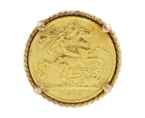 King George V 1912 gold half sovereign coin, loose mounted in 9ct gold ring, hallmarkedCondition Report:Approx 12.9gm, size T