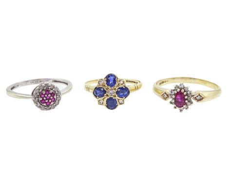 Three 9ct white and yellow gold cluster rings including sapphire and diamond and ruby and diamond, all hallmarkedCondition Re