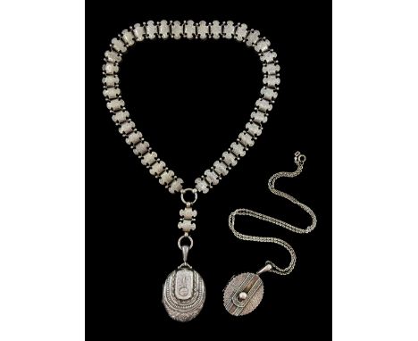 Victorian silver buckle design locket pendant, with bright cut decoration, Birmingham 1888, on silver book link chain necklac