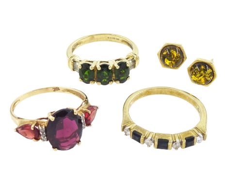 9ct gold jewellery including garnet and diamond ring, pair of amber stud earrings, diamond and stone set ring and one other g