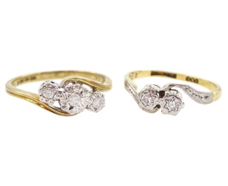 Gold two stone diamond crossover ring, stamped 18ct Plat and a gold three stone diamond crossover ring, hallmarkedCondition R