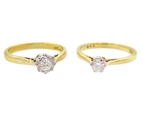 Two gold single stone round brilliant cut diamond rings, stamped 18ct, one approx 0.25 carat, the other approx 0.20 caratCond