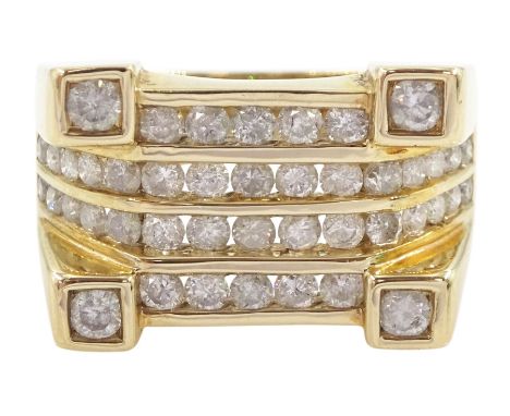Gold channel set round brilliant cut diamond ring, with four diamonds set at each corner, hallmarked 9ct, total diamond weigh
