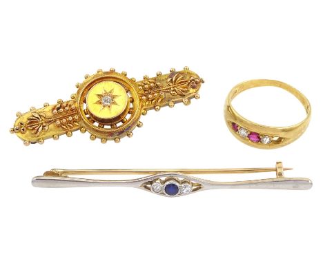 Early 20th century 14ct gold and palladium three stone diamond and synthetic sapphire brooch, Victorian 18ct gold ruby and di