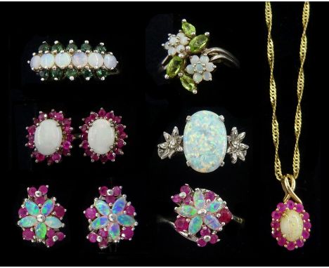 9ct gold opal and ruby pendant necklace and a collection of silver opal and stone set jewellery including opal and ruby flowe