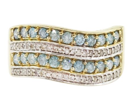 9ct gold four row round brilliant cut fancy blue and white diamond ring, hallmarkedCondition Report:Approx 5.15gm, size P, ma