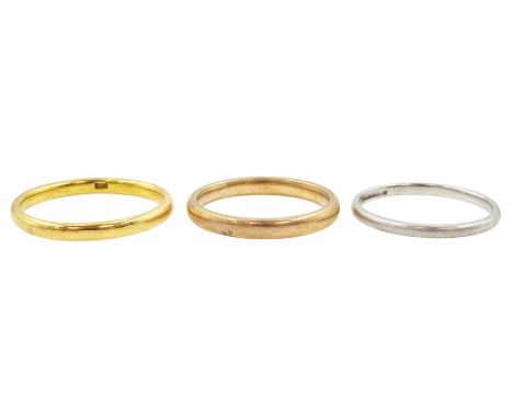 22ct gold wedding band, platinum band and a 9ct gold bandCondition Report:22ct gold approx 3.1gm, size P, Platinum band (test