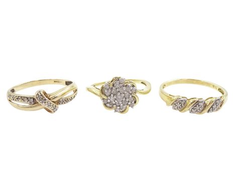 Three 9ct gold diamond rings including crossover and flower head cluster, all hallmarkedCondition Report:Approx 6.35gm, sizes