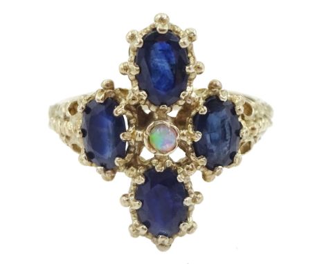 9ct gold four stone oval cut sapphire and opal ring, hallmarkedCondition Report:Approx 5gm, size M-N, max depth = 19.5mm