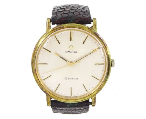 Omega gentleman's stainless steel and gold-plated manual wind wristwatch, cream dial with baton hour markers, on brown leathe