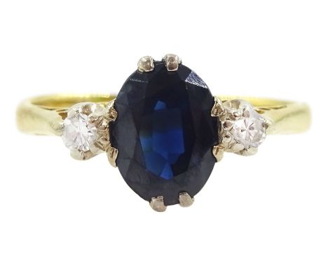 18ct gold three stone oval cut sapphire and round brilliant cut diamond ring, sapphire approx 1.25 caratCondition Report:Appr