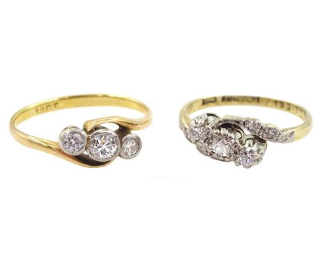 Early 20th century gold three stone old cut diamond crossover ring, stamped, total diamond weight approx 0.35 carat and one o