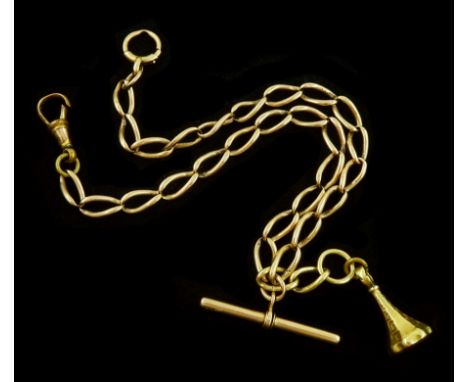 Victorian 12ct gold Albert watch chain, with one gilt clip and a 14ct gold agate fob with monogrammed initialsCondition Repor