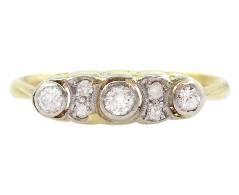 Early 20th century old cut diamond ring, three principal diamonds with two smaller diamonds set between, total diamond weight