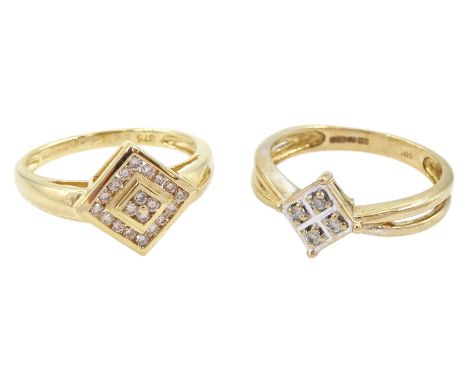 Gold round brilliant cut diamond, diamond shaped cluster ring and a gold four stone diamond cluster ring, both hallmarked 9ct