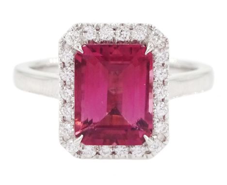 18ct white gold emerald cut tourmaline and round brilliant cut diamond cluster ring, hallmarked, tourmaline approx 2.45, tota