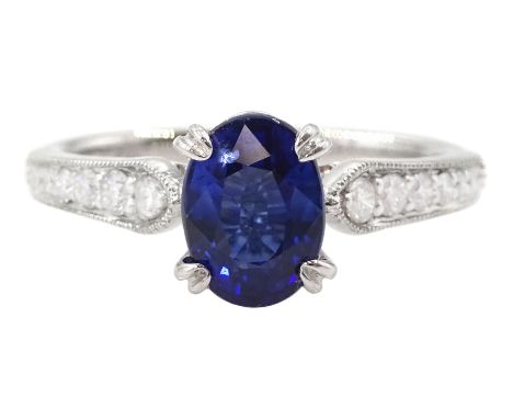 18ct white gold oval cut sapphire ring, with milgrain set round brilliant cut diamond shoulders, hallmarked, sapphire approx 
