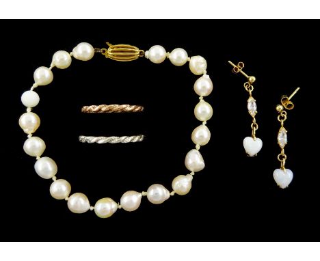 Pair of 9ct gold heart shaped opal and cub zirconia pendant stud earrings, peach / white pink cultured pearl bracelet, with 9
