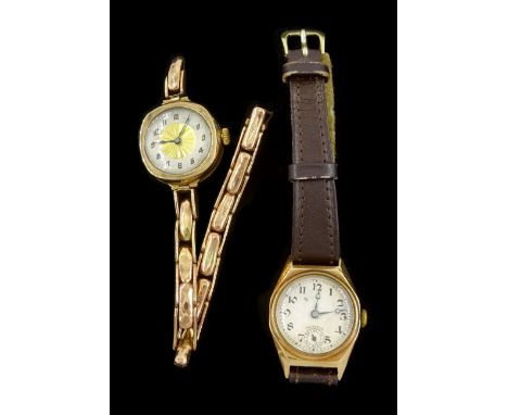 Early 20th century gold manual wind wristwatch, on gold expanding strap, both 9ct and a 9ct gold manual wind wristwatch, on b
