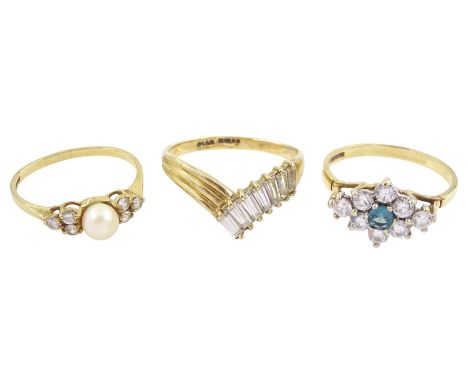 Three 9ct gold stone set rings, including paste and pearl, all hallmarkedCondition Report:Approx 5.7gm, sizes M-N, O and P-Q,