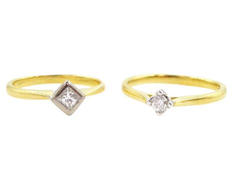 Gold single stone princess cut diamond ring, diamond 0.12 carat and one other single stone round brilliant cut diamond ring, 