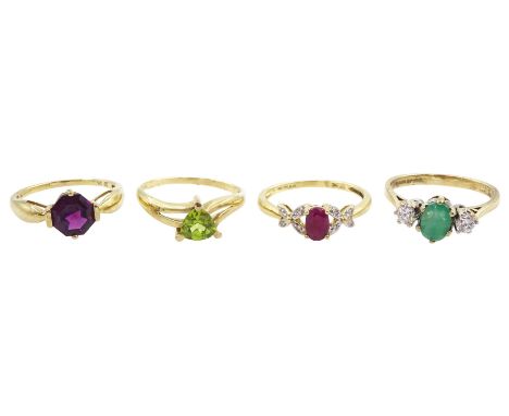 Four 9ct gold stone set rings including ruby and diamond and peridot, all hallmarkedCondition Report:Approx 8.1gm, sizes P, N