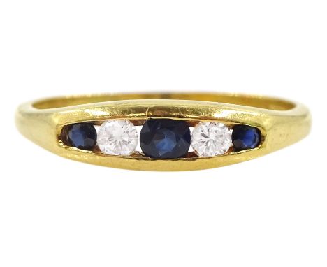 18ct gold five stone sapphire and diamond ring, Birmingham 1988Condition Report:Approx 2.75gm, size O-P, max depth = 4.2mm, d