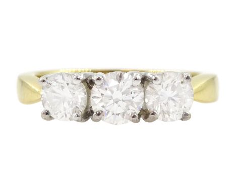 18ct gold three stone round brilliant cut diamond ring, hallmarked, total diamond weight approx 1.25 caratCondition Report:Ap