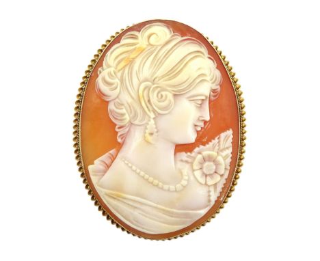 9ct gold cameo brooch, depicting a female bust portrait, Birmingham 1972Condition Report:Approx 19.3gm, dimensions = 60mm x 4
