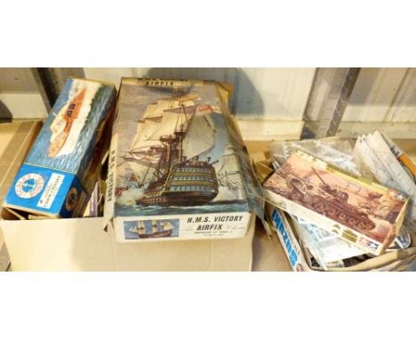 AIRFIX MODELS. Shelf of Airfix models some incomplete and other models, boats, aircrafts etc 