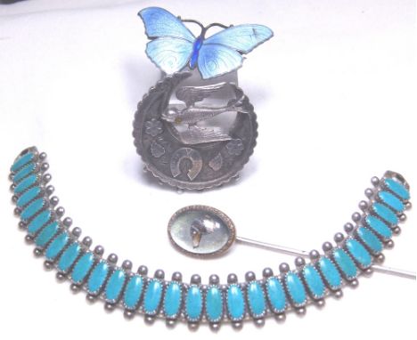 SILVER JEWELLERY. Sterling silver and turquoise set choker necklace A/F and silver and enamel butterfly