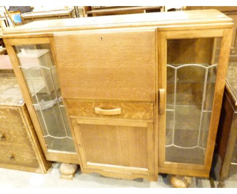 BUREAU DISPLAY CABINET. Light oak side by side bureau display cabinet 