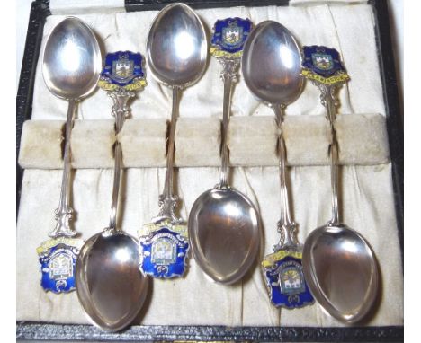 LEAMINGTON TEASPOONS. 800 grade silver and enamel Leamington teaspoons, boxed