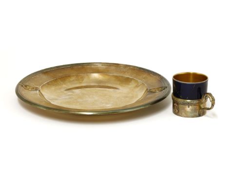 A French silver circular plate19th Century,The engine turned rim set with yellow metal monogram within a cartouche, marked to