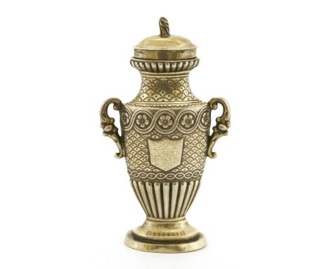 A William lV silver gilt urn-shaped vinaigrette,Joseph Willmore, Birmingham 1831,the hinged cover with a flamed finial over a