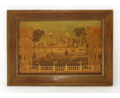 A Sorrento ware marquetry inlaid panel,early 20th century, depicting an Italianate scene with figures hunting in the foregrou