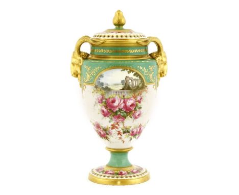A Spode Copeland pot pourri vase and cover,with gilded goat's head handles and painted with two panels of pink roses and clas