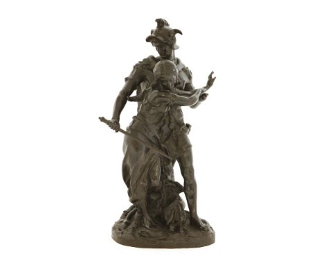 A bronze group,19th century, possibly signed 'Gicault', depicting a knight with a drawn sword protecting a maiden,48cm high