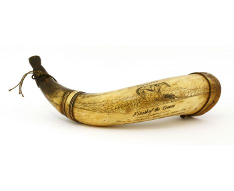 A scrimshaw hunting horn,mid-19th century, depicting hare coursing scenes, and inscribed 'From an affectionate mother to her 