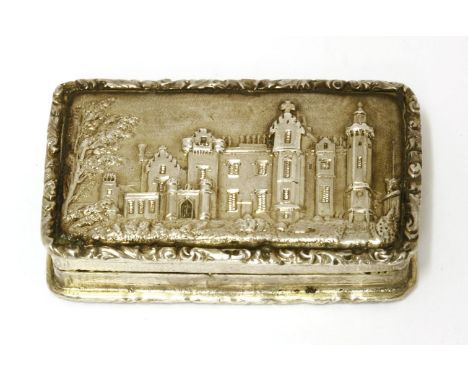 A silver castle top vinaigrette,Joseph Taylor and John Perry, Birmingham, probably 1835,the cover with a view of Abbotsford C