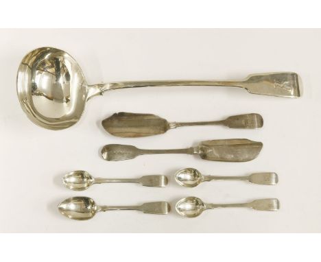 A small collection of fiddle pattern flatware,comprising:a William IV silver soup ladle, London 1832, two Irish silver fiddle