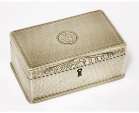 An unusual George IV silver snuff box,John Linnett, London 1820,of rectangular form with all-over engine turning and applied 