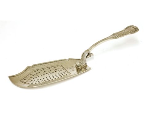 A George IV Scottish silver presentation fish slice,Mitchell & Sims, Glasgow 1823,Kings pattern variant, the handle terminati