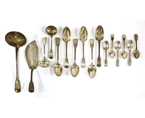 A matched fiddle and thread pattern part canteen of flatware,various dates,comprising:12 dinner forks,14 dessert forks,6 tabl