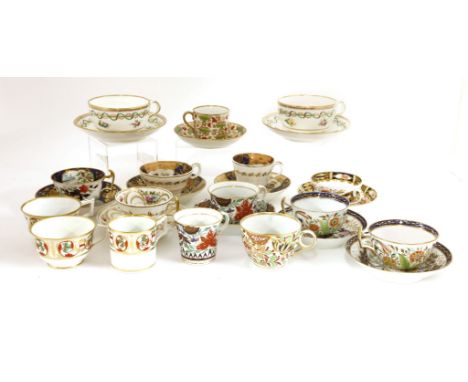 English porcelain,early 19th century, eight teacups and saucers, one additional saucer and three cups, including Spode and De
